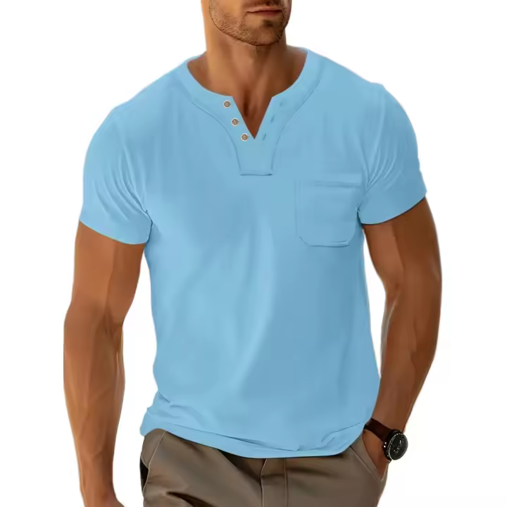 Camiseta de Manga Corta para Hombre Cuello Redondo, Diseño Sólido de Color, Cuello en V, Bolsillo con Botones, Mejillas para el Sudor, Moda de Verano - 1
