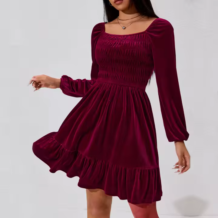 Vestido de estilo simple y elegante para mujeres cintura alta, adelgazamiento, falda roja de vino - 1