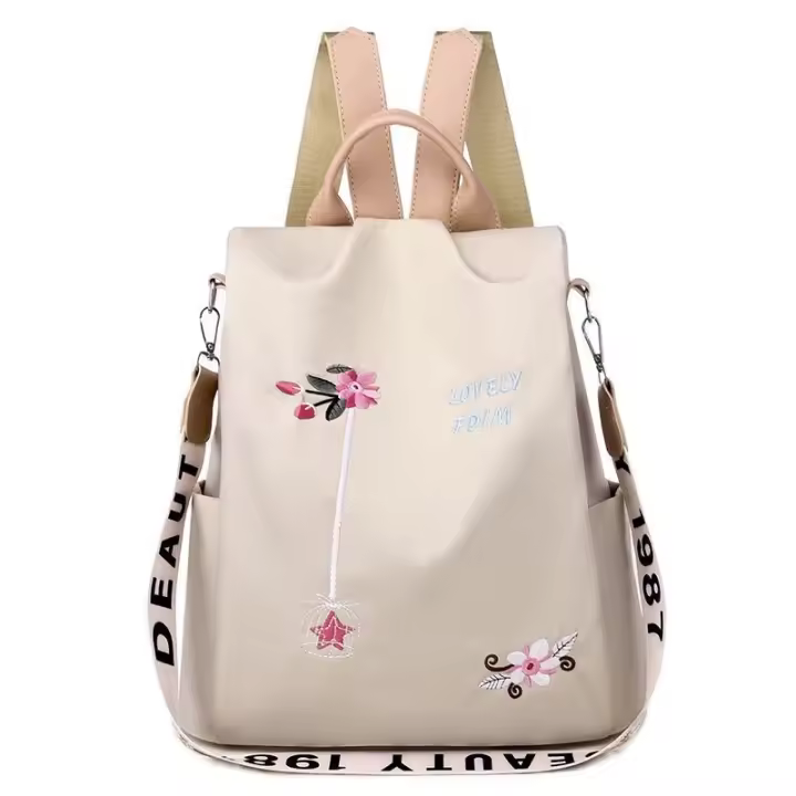 Nueva flor Bordado mochila de gran capacidad minimalista bolsa nylon (correa hombro color y patrón impresión son al azar) - 1
