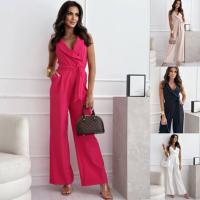 Mono de Color sólido con tirantes y pantalones de cintura alta a la moda de verano 2025 para mujer - details 0