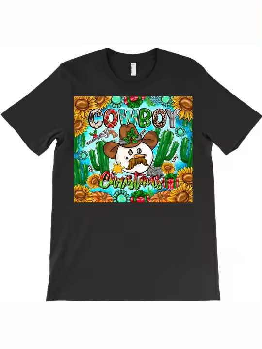 Camiseta de muñeco de nieve navideño de vaquero, regalo para papá, manga corta con cuello redondo suave y cómoda, 464g - 1