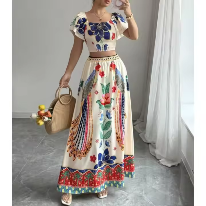 Conjunto Bohemio para Mujer 2025 Blusa y Falda Larga Estampada Estilo Vacaciones - 1