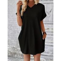 Verano primavera nuevo vestido de bolsillo de manga RT suelto redondo de Color sólido para mujer - details 4