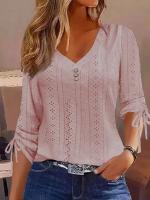 Blusa de manga larga para mujer, camisas casuales con botones y cuello en V, blusas elegantes con hebilla para mujer 2024 - details 2
