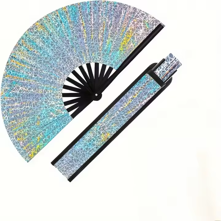 Abanico plegable grande con purpurina y funda, diseño vibrante en azul, verde y amarillo para raves, Halloween, festivales y fiestas, accesorio de fiesta unisex para actuaciones de EDM, burlesco y drag queen, accesorio para eventos EDM |   Diseño de venti - 1