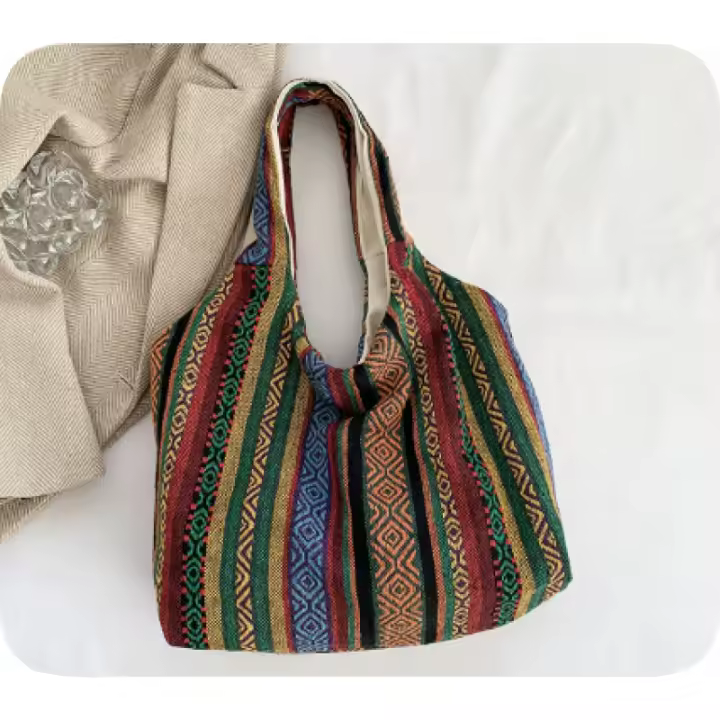 Bolso de mano de lona a rayas, bolso cruzado étnico, bolso de hombro de gran capacidad, bolso Hippie bohemio para mujeres y niñas - 1