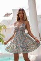 Vestido Corto de Verano Floral Sexy Espalda Aretes con Volantes Azules - details 1
