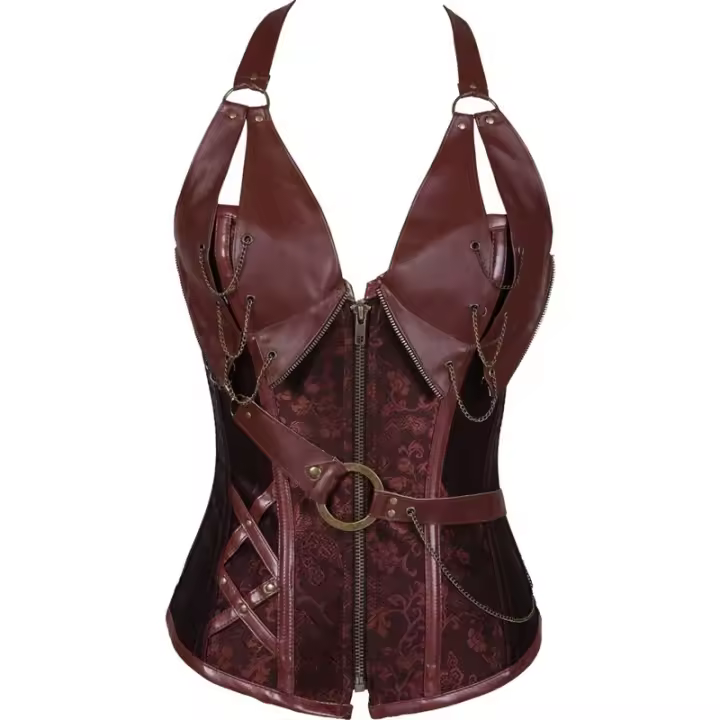 Corsé ajustado de cuero punk con cinturón, ropa moldeadora de cuello colgante, color negro y marrón, 14 huesos de acero - 1