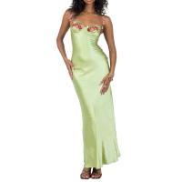 Temperamento Primavera Verano moda Sexy bordado Ence correas Color sólido vestido largo mujer verde hábil envoltura de cadera - details 8
