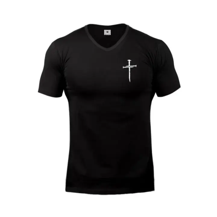 Personalized Cross Fashion V-Neck T-shirt Men Cotton Slim Fit Short Sleeve T Shirt Male Fitness Workout Tees Summer Gym Clothing - 1