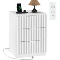 Mesitas de Noche con luces LED y Estación de Carga (2 Tomas AC, 2 Puertos USB) Mesita de Noche Blanca Mesas Auxiliares con 1 compartimento abierto y 2 cajones para Dormitorio Salón - details 27