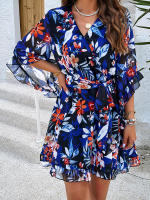 Vestido de primavera y verano para mujer, Media manga, estampado de flores, elegante cuello en V, informal, línea A, hasta la rodilla, cintura alta - details 14