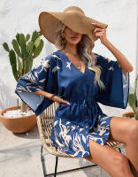 Mini Vestido de playa bohemio para mujer, vestidos informales con estampado Floral, pantalones cortos Dolman, manga azul profunda S - details 6