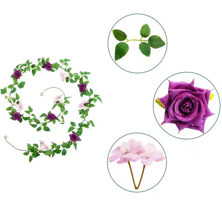 Enredadera de rosas artificiales de plástico hecha a mano, flor de rosa de seda de primavera, enredadera de rosa de simulación realista, decoración para el hogar y el jardín - 1
