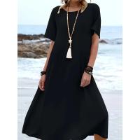 Vestido de manga corta con cuello redondo de color sólido estilo vacaciones de verano 2025 - details 10