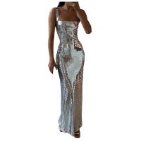 Vestido Maxi de Noche Formal para Mujer Cuello Cuadrado, Manga Ajustada, Brillo de Sequins Plateados Ideal para Fiestas - details 1