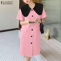 ZANZEA moda verano cuello de solapa vestido veraniego de manga corta Vestidos de oficina para mujer 2025 Casual Patchwork Vestidos de vacaciones bata Mujer - details 1