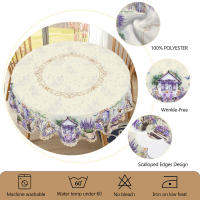 Mantel redondo de lino lavanda con estampado de gato bonito disponible en 5 tamaños elegante mesa de cocina de jardín para uso diario en el hogar - details 4