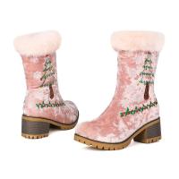 Nuevas rebabas bordadas de gamuza, cabeza redonda, tacón grueso, bordado, árbol de Navidad, botas de mujer, zapatos de mujer - details 5