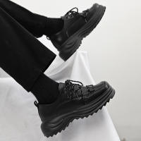 Zapatos Casuales de Cuero para Hombres Nuevos, Diseño de Cabeza Cuadrada, Suela Gruesa, Correas Personalizadas, Negro Puro - details 2