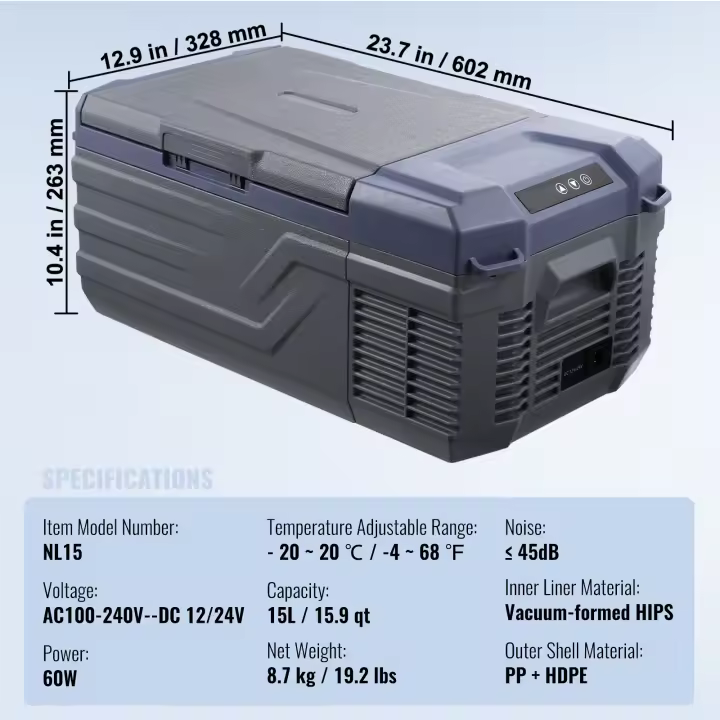 SucceBuy Refrigerador para automóvil, refrigerador portátil con reposabrazos para automóvil de 12 voltios, congelador de zona única de 15 L, -4 ℉ -68 ℉   Enfriador de compresor ajustable, 12/24 V CC y 100-240 V CA para aventuras al aire libre y acampadas - 1