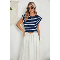 BUNO-2025 Tops para mujer, pantalón corto informal de moda de verano, camisetas básicas con textura a rayas de Color sólido y cuello redondo - details 79