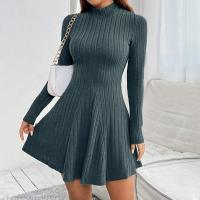 Vestidos de mujer otoño-invierno Color sólido, manga larga, cuello alto, cintura alta, doble abertura, estilo casual - details 11