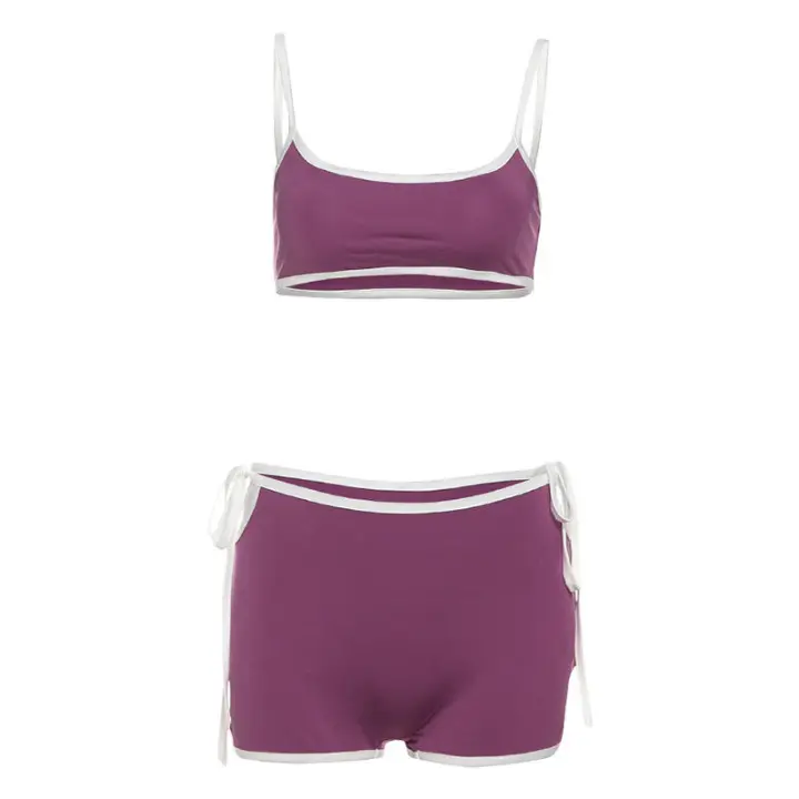 BUNO-Conjunto informal de 2 piezas para mujer, chándal, camisola con ribete blanco + pantalón corto de vendaje lateral, ropa de calle deportiva elástica a juego - 1