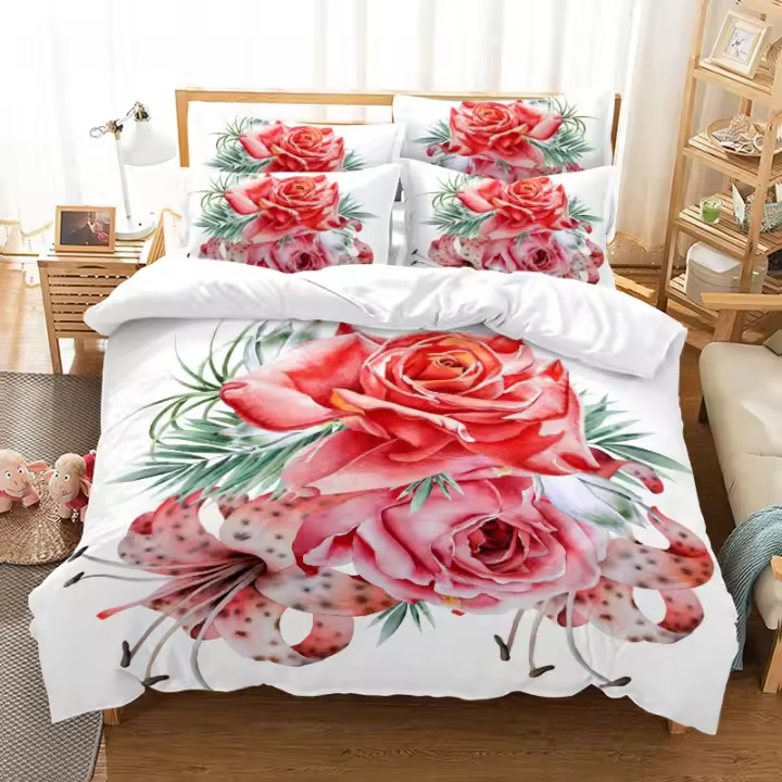 Conjunto de Ropa de Cama de Rosa Rosa Romántica Tema de San Valentín Día de la Madre - 1