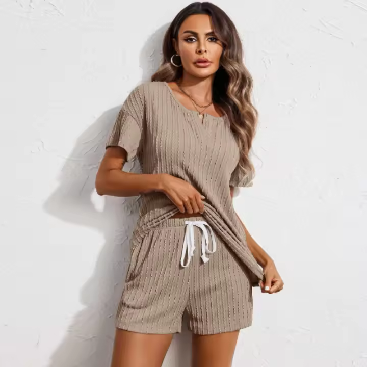 Primavera Y Verano En Europa Y Estados Unidos Ropa De Casa De Mujer, Conjunto De Pijama, Jacquard De Punto Pantalones Cortos De Manga Corta Traje De Dos Piezas - 1