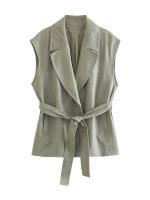 - Primavera Verano 2025 Moda Mujer Chaleco Cuello Alto con Cinturón Sin Mangas + Pantalones Largos de Pierna Ancha de Cintura Alta - details 6