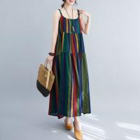 Vestido de Lino de Algodón a Rayas de Color Bloque Falda A-Línea de Moda de Verano con Cintura Suelta y sin Correas Vestido Largo Artístico para Mujeres - details 0