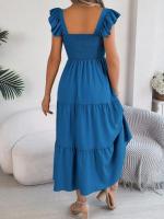 Escote cuadrado de verano con mangas anchas y pliegues, vestido informal de algodón transpirable para playa o uso diario, estilo bohemio - details 10