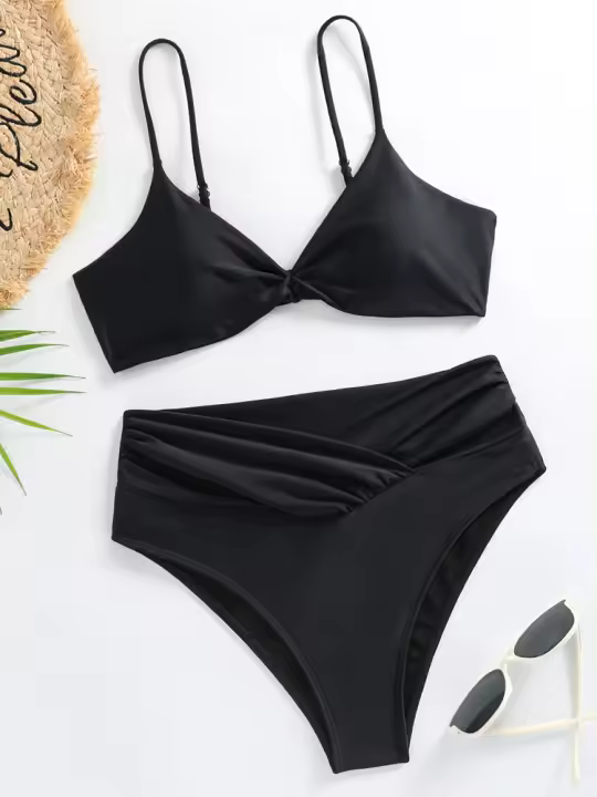 Bikini de cintura alta para mujer, traje de baño liso con camisola, tanga sexy, ropa de playa, verano, - 1