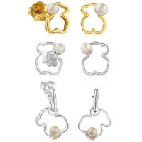 Pendientes de moda personalizados de oso hueco de plata de ley, pendientes de mujer con incrustaciones de perlas - details 0