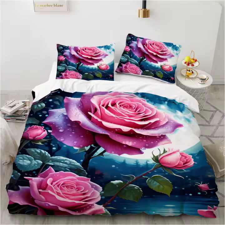 Juego de Ropa de Cama Floral Púrpura Funda de Edredón de Rosa 3D Tamaño Rey-Reina - 1
