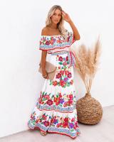Vestido Largo para Mujer Verano 2025 Escote Palabra de Honor con Estampado de Flores Rojas - details 6
