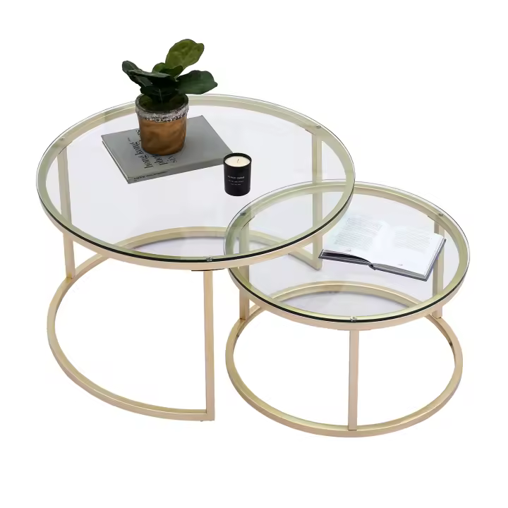 Mesa de centro con textura de mármol para sala de estar, 2 piezas, sofá lateral, mesa redonda de té, 2 en 1, combinación de muebles, Blanco dorado - 1