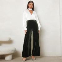 Pantalones holgados elegantes y elegantes con volantes para mujer, pantalones de pierna ancha de cintura alta de terciopelo dorado, otoño e invierno - details 1