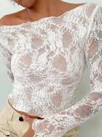 Combhasaki Y2K Vintage Off-Shoulder Crop Tops transparentes de encaje floral de manga larga transparente camiseta jerseys club streetwear - details 4