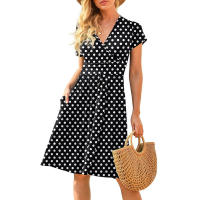 Vestido de longitud media con estampado de bolsillos y manga corta para mujer europea y americana - details 9