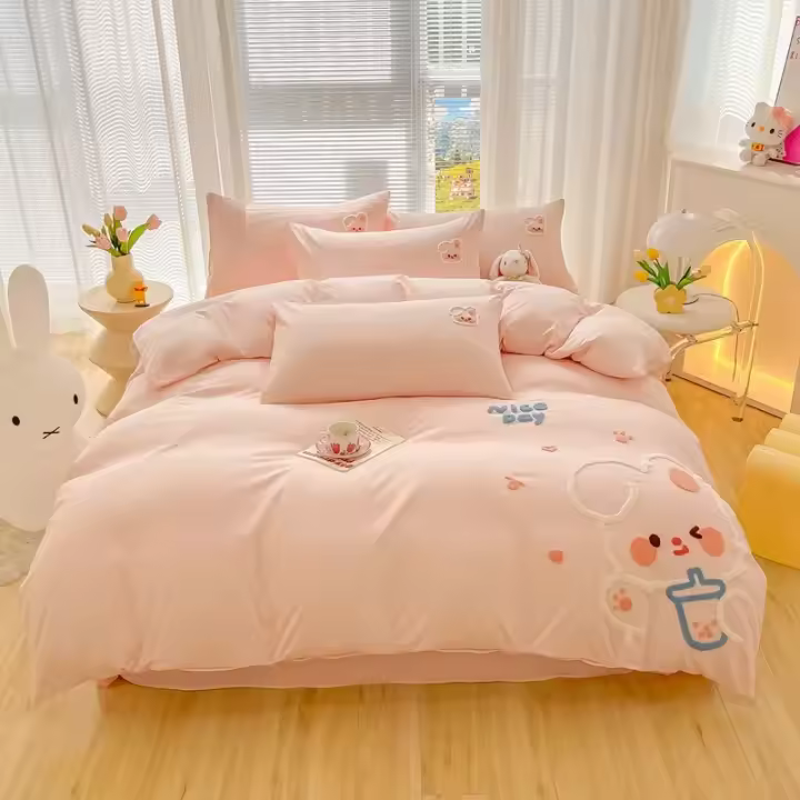 Juego de Ropa de Cama con Diseño de Pato Conejo Oso de Dibujos Animados para Niños Funda de Edredón Cubierta de Cama y Funda de Almohada de Cuatro Piezas - 1