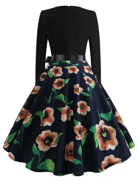 Elegant note print party women 50s 60s retro vintage dress long sleeve - 1