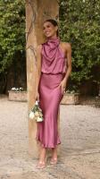 Elegante Vestido Largo de Satén de Color Sólido Cuello Halter sin Mangas Ideal para Fiestas - details 2