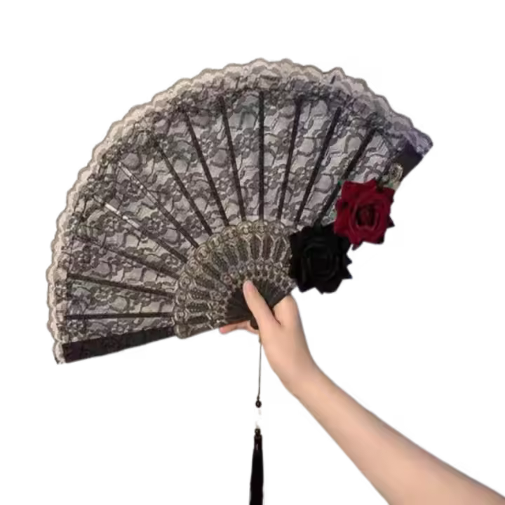 Abanico plegable de encaje de Rosa Retro para fanáticos del arte, abanico europeo con borlas para Cosplay, abanicos de mano hechos a mano para espectáculos de baile, decoración para fiesta de boda - 1