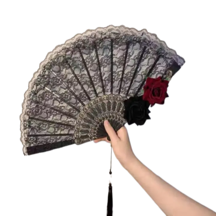 Abanico plegable de encaje de Rosa Retro para fanáticos del arte, abanico europeo con borlas para Cosplay, abanicos de mano hechos a mano para espectáculos de baile, decoración para fiesta de boda - 1