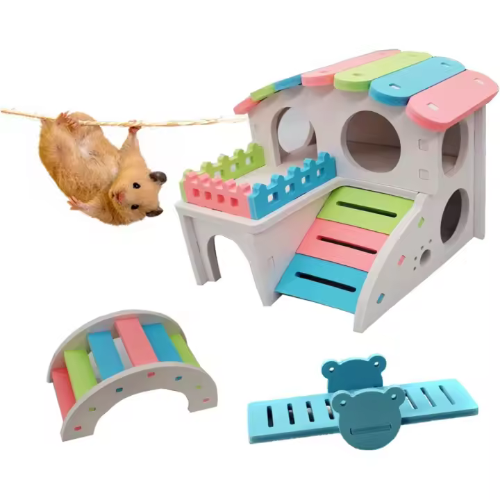 Juego de 3 Juguetes para Hamster Puente Arco Colorido, Balancín, Casa Arco Iris con Escalera - 1