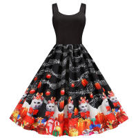 Women vintage spaghetti strap floral print high waist elegant sleeveless a-line party midi dress - details 57