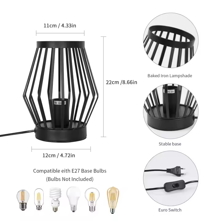 Lámpara de Mesa Metal Industrial 60W GOECO, E27 Sin Bombilla, Hierro Negro, Iluminación Interior Vintage para Sala de estar, Dormitorio, Cafetería,  17*17*22  CM - 1