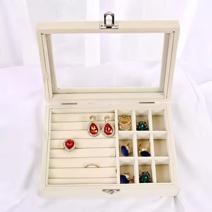 Joyero de terciopelo de 4 colores, organizador de almacenamiento de collares y anillos, organizador de joyas de viaje con tapa de vidrio superior, regalo para mujeres y niñas - 1